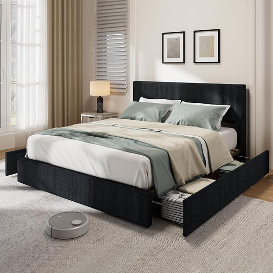 IDEALHOUSE Full Size Bed Frame with 4 Storage Drawers, Corduroy Upholstered Bed Frame with Tufted Wingback Headboard, Strong Wooden Slats Support, No Box Spring Needed, Black