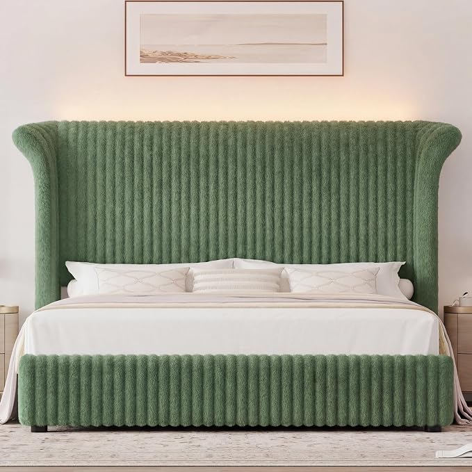 Keyluv King Bed Frame with 54.3” Tall Faux-Fur Wingback Headboard, Upholstered Platform Bed with LED Light, Mattress Foundation with Solid Wooden Slats Support, No Box Spring Needed, Noise-Free, Green