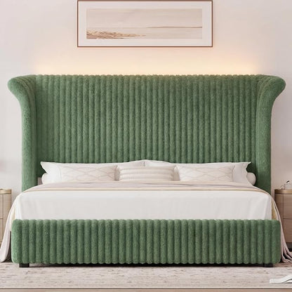Keyluv King Bed Frame with 54.3” Tall Faux-Fur Wingback Headboard, Upholstered Platform Bed with LED Light, Mattress Foundation with Solid Wooden Slats Support, No Box Spring Needed, Noise-Free, Green