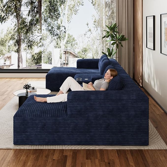 143" Oversized U Shaped Cloud Sectional Couches for Living Room, Comfy Fluffy Corduroy Blue Boneless Couch, Large Modular Sectional Sofa Set with Chaise, Cup Holder, USB Port, Storage Console