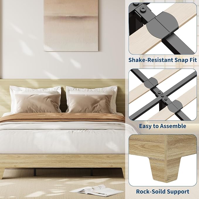 IDEALHOUSE Queen Size Platform Bed Frame,Boho Wood Bed with Noise-Free Slats,No Box Spring Needed,Nature Bedroom Furniture,Sturdy Wooden Bed Foundation,Easy Assembly