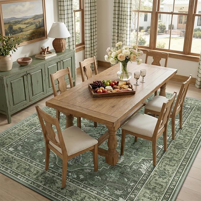 RELEANY Area Rugs 8'x10' Washable Non-Slip, Floral Vintage Distress Medallion Carpet for Living Room Bedroom Dining Room, Dark Green Gray