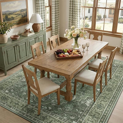 RELEANY Area Rugs 8'x10' Washable Non-Slip, Floral Vintage Distress Medallion Carpet for Living Room Bedroom Dining Room, Dark Green Gray
