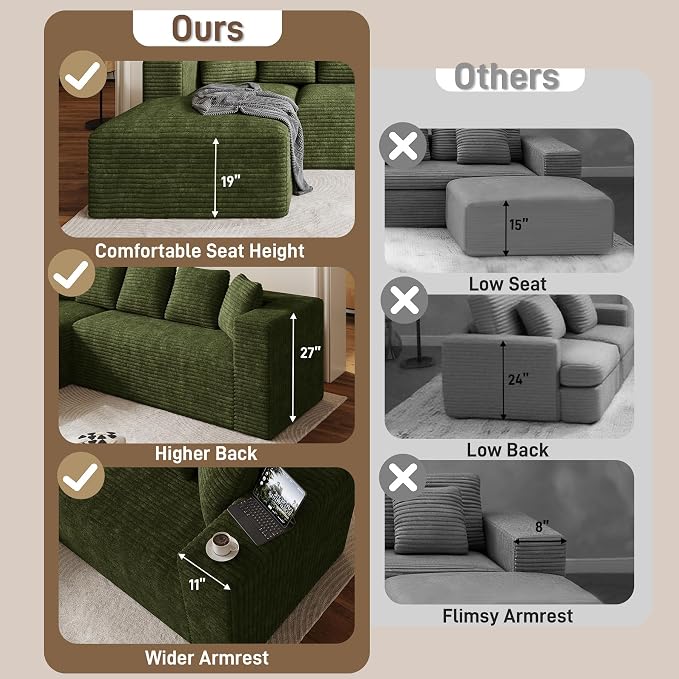 Oversized L Shaped Boneless Sectional Couches for Living Room, 107" Comfy Fluffy Cloud Modular Sectional Sofa, Plush Corduroy Memory Foam Floor Sofa with Left Facing Chaise Couch