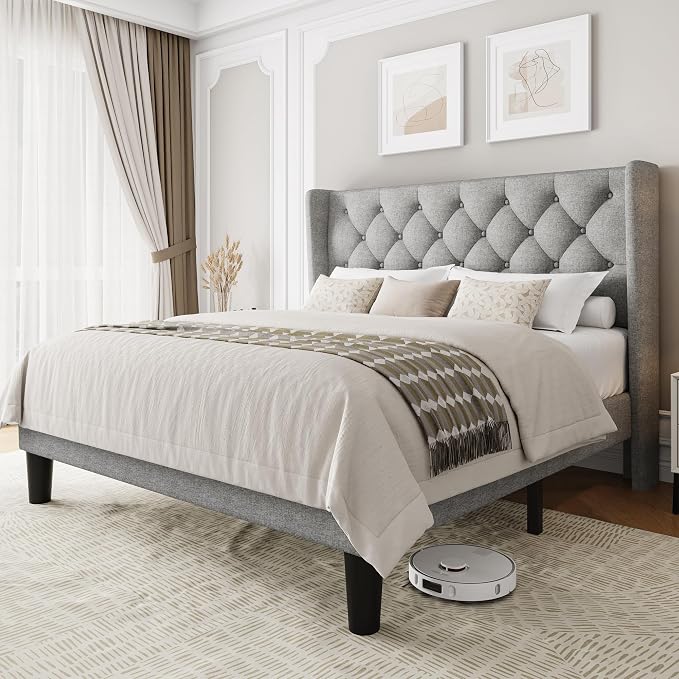 Einhomn Full Size Platform Bed Frame with Fabric Upholstered Wingback Headboard, 9" Under Bed Space, Wooden & Metal Slats Support, No Box Spring Needed, Light Gray