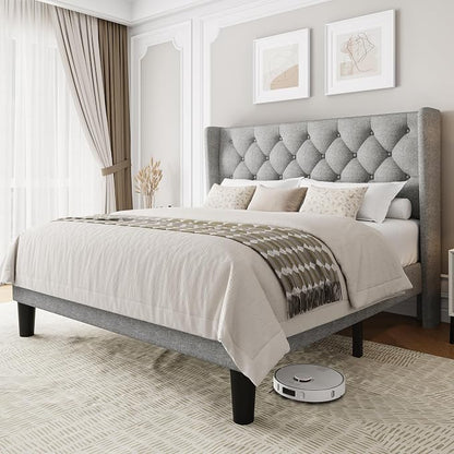 Einhomn Full Size Platform Bed Frame with Fabric Upholstered Wingback Headboard, 9" Under Bed Space, Wooden & Metal Slats Support, No Box Spring Needed, Light Gray