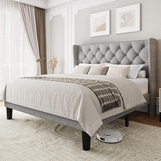Einhomn Full Size Platform Bed Frame with Fabric Upholstered Wingback Headboard, 9" Under Bed Space, Wooden & Metal Slats Support, No Box Spring Needed, Light Gray