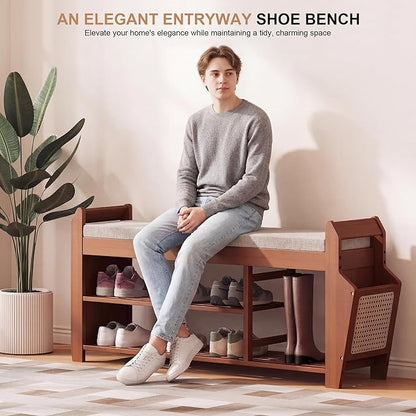 PETKABOO 39.4" Bamboo Shoe Rack Bench, 3-Tier Entryway Bench with Thick Cushion, Flip-Top & Side Storage, Holds Up to 550 LBS for Hallway, Living Room, Bedroom