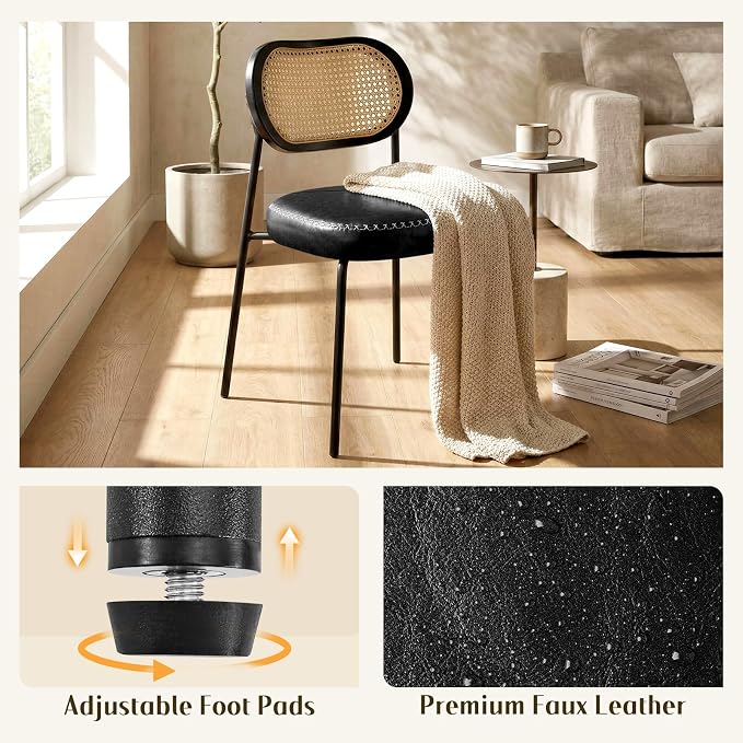 Rattan Dining Chairs Set of 2, Upholstered Dining Chairs with Handwoven Cane Back, Mid Century Modern Kitchen & Dining Room Chairs with Thick Cushion and Metal Frame, 300 lbs Capacity, Black