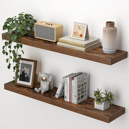 Heimlove Floating Shelves for Wall 32 Inch,Mounted Storage Wood Shelves with Invisible Brackets Hanging Shelf for Bedroom Living Room Kitchen Office,Set of 2,Rustic Brown