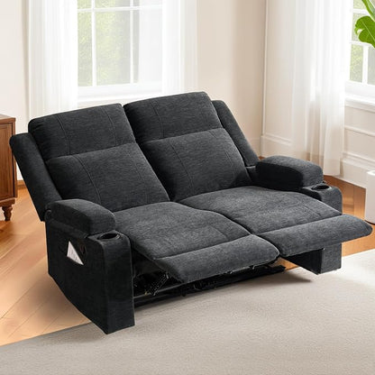 55" RV Loveseat Recliner – Space-Saving Double Reclining RV Sofa, Compact Theater Seating with Cup Holders & Storage Pocket, Black Chenille Couch for Camper, Motorhome & Home Theater