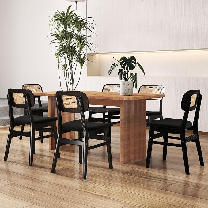 ROCITY Black Rattan Dining Chairs Set of 6 Lambswool Dining Room Chairs Natural Wooden Kitchen Chairs Farmhouse Boho Side Chairs