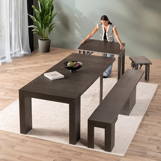 Transformer Table - Solid Wood Extendable Dining Table, Seats 2-12, Expandable Dining Room Table, Space-Saving Furniture, Kitchen and Dining Room Furniture (Dark Grey, Table + Bench)