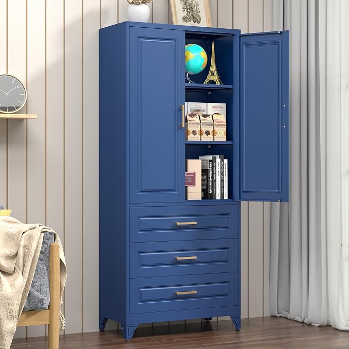 Polup Metal Storage Cabinet,75" Tall Kitchen Pantry Storage Cabinet with Doors and Adjustable Shelves, Blue Metal Pantry Cabinets with 3 Drawers, Large Cupboard for Dining Living Room, Bathroom