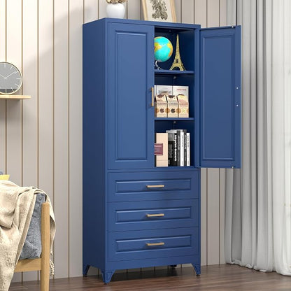 Polup Metal Storage Cabinet,75" Tall Kitchen Pantry Storage Cabinet with Doors and Adjustable Shelves, Blue Metal Pantry Cabinets with 3 Drawers, Large Cupboard for Dining Living Room, Bathroom