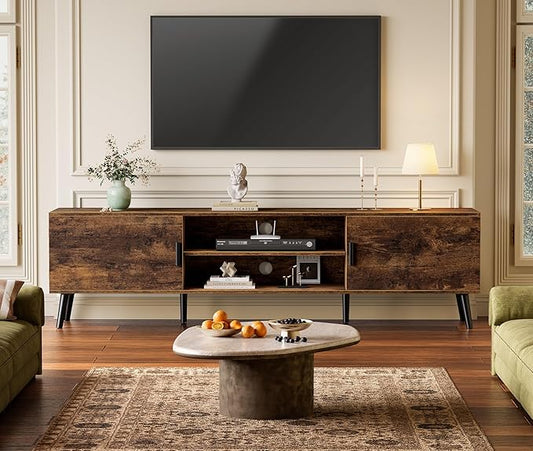 SUPERJARE TV Stand for 55, 65 Inch TV, 63 Inch Entertainment Center with Adjustable Shelf, 2 Cabinets, TV Console Table, Media Console, Solid Wood Feet, 4 Cord Holes, for Living Room, Rustic Brown
