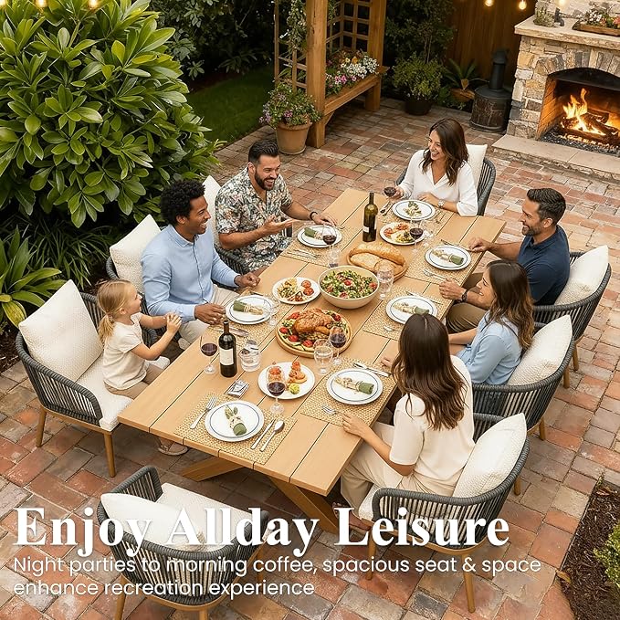 LayinSun 11 Pieces Outdoor Patio Dining Set, Aluminium Rectangular Dining Table and Wicker Rattan Chairs Set for Outside Backyard, Poolside