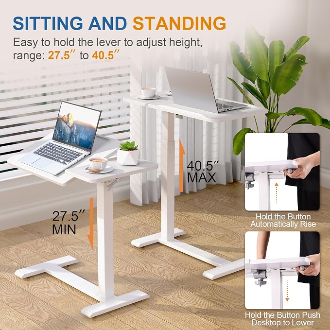 Adjustable Overbed Bedside Table with Hidden Wheels, Pneumatic Tilt Board Rolling Laptop Standing Desk Cart, Mobile Over Bed Sofa Chair Side End Tables, Walnut (White)