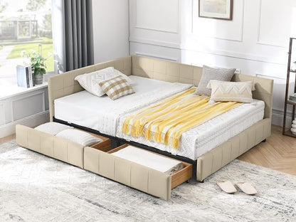 KEIKI Full Size L Shape Corner Bed Frames with 2 Storage Drawer, Backrest and Armrests, Velvet Upholstered Sofa Daybed for Small Room, Living Room, Bedroom, Guest Room, Kids' Room