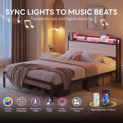 LIKIMIO Queen Bed Frame with Storage Headboard and LED Lights, Metal Platform Bed with Charging Station, Noise Free, No Box Spring Needed, Under Bed Storage, Natural and Cream