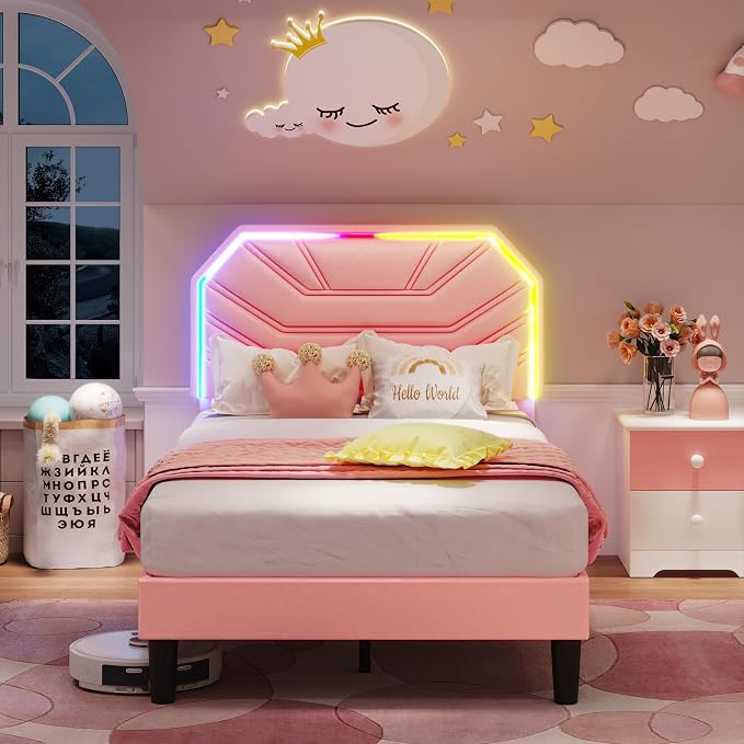 LIKIMIO Twin XL Bed Frames with LED Light Headboard, Upholstered Modern Cama Twin XL Platform Bed Frame with Heavy Duty Supports, No Box Spring Need, Noise Free, Easy Assembly, Pink