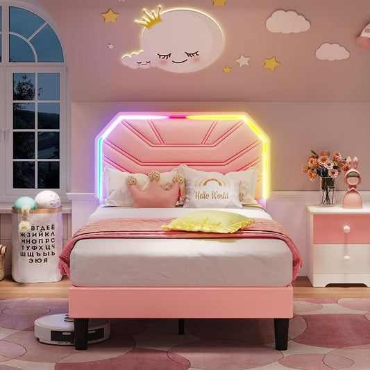 LIKIMIO Twin XL Bed Frames with LED Light Headboard, Upholstered Modern Cama Twin XL Platform Bed Frame with Heavy Duty Supports, No Box Spring Need, Noise Free, Easy Assembly, Pink