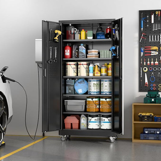 Aobabo Black Metal Garage Storage Cabinet with Wheels, 34"W x 18"D x 71"H | 5 adjustable shelves hold up to 170 lb each; 4 lockable casters and lockable doors organize tools and supplies.