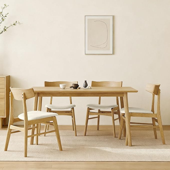 KISLOT Wooden Dining Chairs Set of 6, Upholstered Modern Dining Room Chairs, Mid Century Oak Kitchen Chairs with Curved Wood Backrest for Farmhouse, Restaurant, Café (Cream Fabric & Original Color)