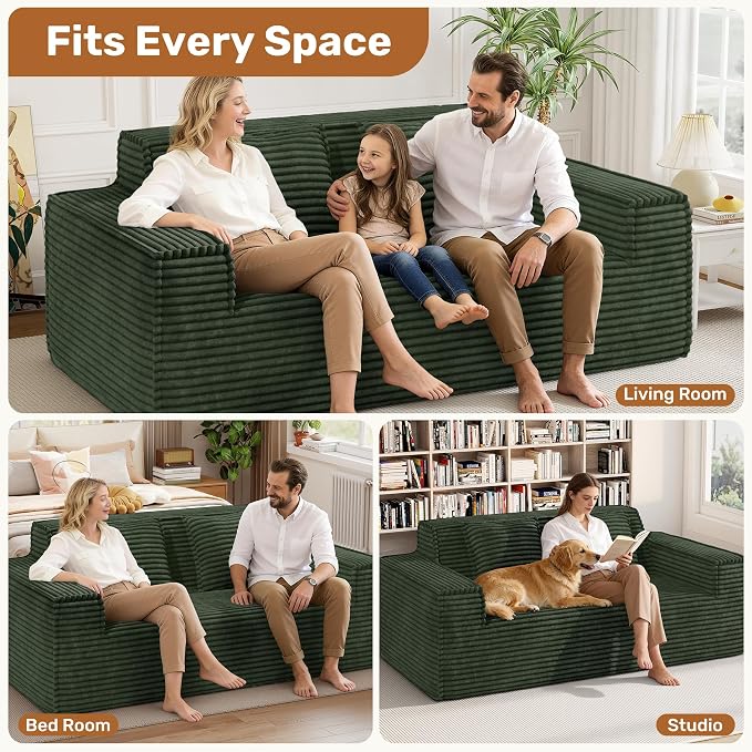 75'' Modern Cloud Loveseat Sofa Set of 2, No Assembly Required Comfy Deep Seat Couches 2 pcs for Living Room, Bedroom, Apartment (Corduroy-Green)