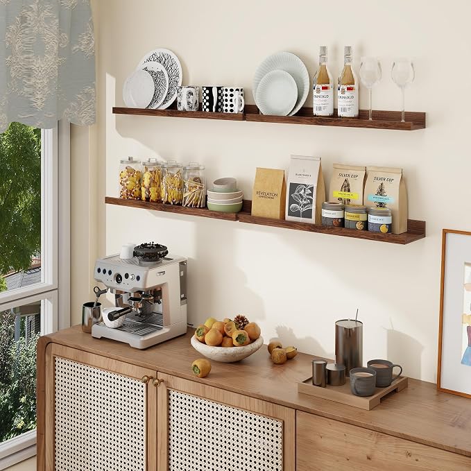 Axeman Picture Ledge Shelf | 24 Inch Walnut Floating Shelves Set of 4 | Rustic Wood Wall Shelves with Lip | 24" Walnut Picture Shelves for Wall with Ledge | Photo Shelves
