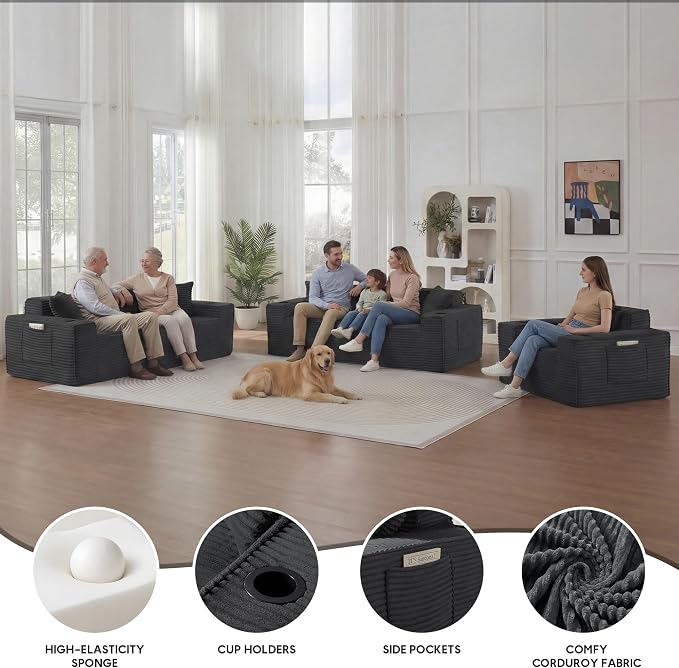 Boneless Sectional Sofa 3 Piece Set with Cup Holders & Side Pockets, Modern Corduroy Fabric Deep Seat Cloud Couch Living Room, Office, No Assembly (Grey)