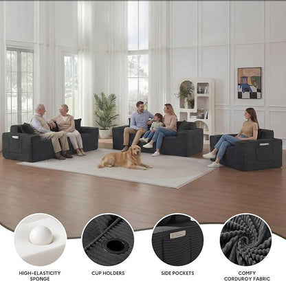 Boneless Sectional Sofa 3 Piece Set with Cup Holders & Side Pockets, Modern Corduroy Fabric Deep Seat Cloud Couch Living Room, Office, No Assembly (Grey)