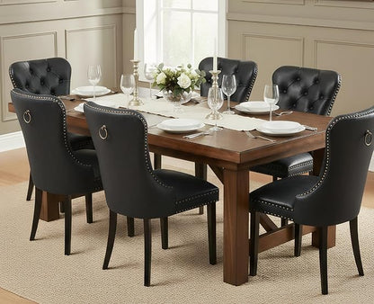 EALSON Modern Black Dining Chairs Set of 6 Mid Century Leather Dining Room Chairs with Wood Legs Tufted Upholstered Kitchen Side Chairs with Nail Head Trim for Dining Room/Living Room, Back with Ring