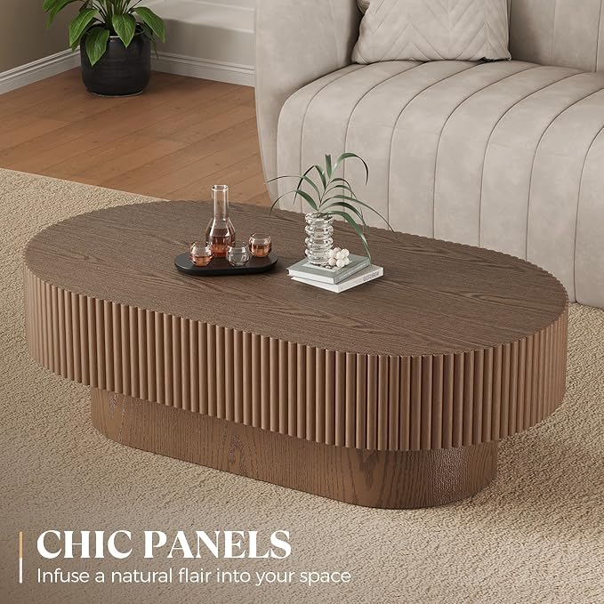 YOUDENOVA 43.7” Oval Coffee Table, Modern Wood Fluted Coffee Table for Living Room, Veneer Handcrafted Relief Center Table with Sturdy Pedestal，Easy Assembly - Walnut