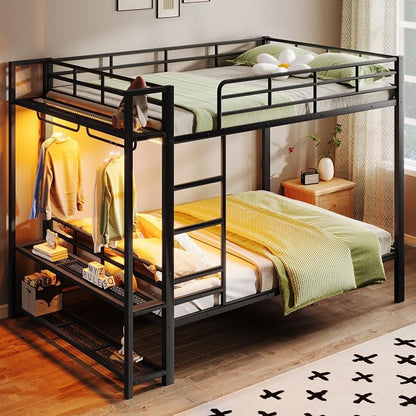 Bellemave Queen Over Queen Bunk beds, Metal Bunk Bed with Shelf and Guardrails,Queen Bunk beds with Storage Mesh Shelves and Clothes Hooks for Kids, Teens & Adults（Black）