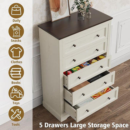 LOUVIXA Farmhouse Bedroom Sets of 4, Including 9 Drawer Dresser, 5 Drawer Dressers and Nightstand Set of 2 with Charging Station (Off White Sets, 3 Pieces-9 Drawer Dresser+2 Nightstand)