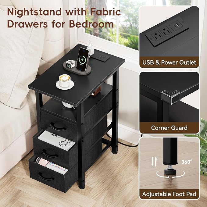 Vagusicc Black Nightstand with Charging Station and LED Lights, Narrow End Table, LED Nightstand with 3 Fabric Drawers for Bedroom, Small Night Stand, Narrow Side Table for Small Spaces, Black