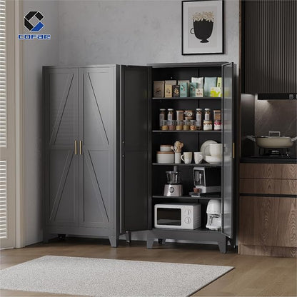 COFaR 71'' Tall Metal Storage Cabinet, Farmhouse Kitchen Pantry Cabinet with Doors and 4 Adjustable Shelves, Black Metal Cabinets for Garage, Kitchen, Bathroom, Laundry, 5-Tier