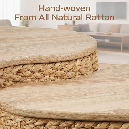 Cloud Nesting Coffee Table Set of 2 with Storage - Handwoven Wicker Rattan Ottoman Style, Boho Coastal Coffee Tables for Living Room, Rattan Coffee Table with Cover & Soild Wood Frame