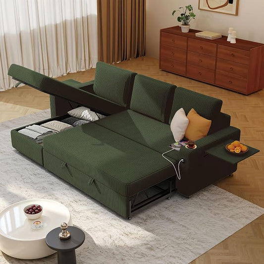 Ball & Cast 80" Sectional Sleeper Sofa Bed Pull Out Couches for Living Room | L Shaped Convertible Pull Out Sofa Bed with Storage Chaise, Foldable Table, USB Port, Cup Holder, Side Pocket for Small Space