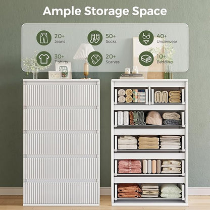Jocoevol Fluted 6 Drawer Dresser for Bedroom, Modern Wood Chest of Drawers, Tall Storage Dresser with Deep Drawers, Handleless Floor-Standing Dresser for Bedroom, Living Room, Entryway, White