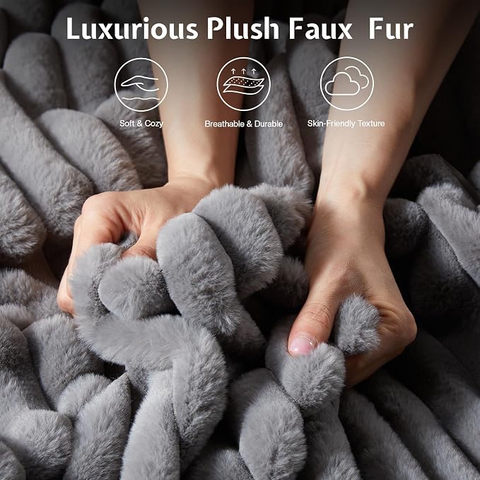 Jocisland Queen Bed Frame Faux-Fur Upholstered 60" Tall Headboard, Gray | Wingback Headboard, LED lights,USB Charging, Noise-free, No box spring needed, easy assembly, for Couples & Guest Room