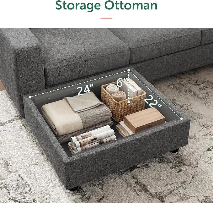 HONBAY Sectional Sofa with Storage, U Shape Sofa with Chaise, 7 Seater Sectional Couch for Living Room, Light Grey