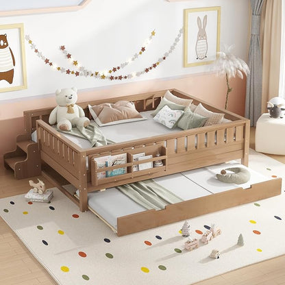 Bellemave Queen Kids Montessori Bed with Stairs, Bookshelf and Trundle, Solid Wood Kids Bed Frame with Storage for Boys Girls, Low Profile,Natural
