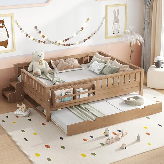 Bellemave Queen Kids Montessori Bed with Stairs, Bookshelf and Trundle, Solid Wood Kids Bed Frame with Storage for Boys Girls, Low Profile,Natural