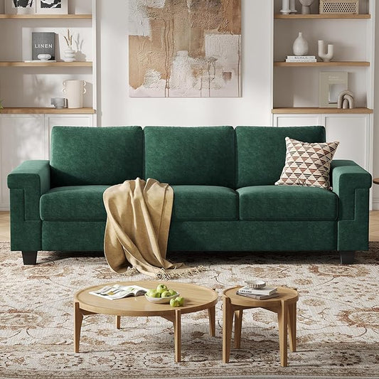 COPIAE 3 Seater Sofa Couch with Deep Seat, 90" Modern Upholstered Sofa with Armrests, Easy Installation, Comfy Couches for Living Room, Apartment, Green