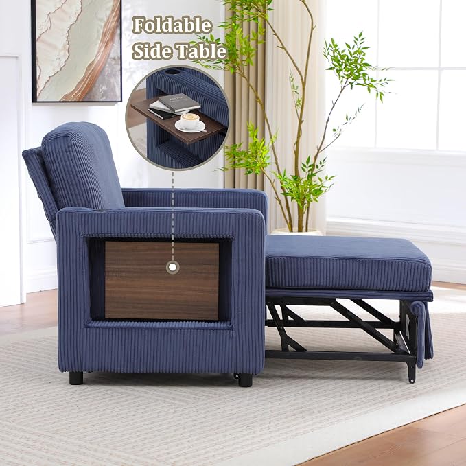 3 in 1 Folding Convertible Sleeper Sofa Bed Pull Out Couch with Side Pockets USB Port Side Table Single Sofa Bed with Adjustable Backrest for Living Room Bedroom 66" Blue 1 SEAT
