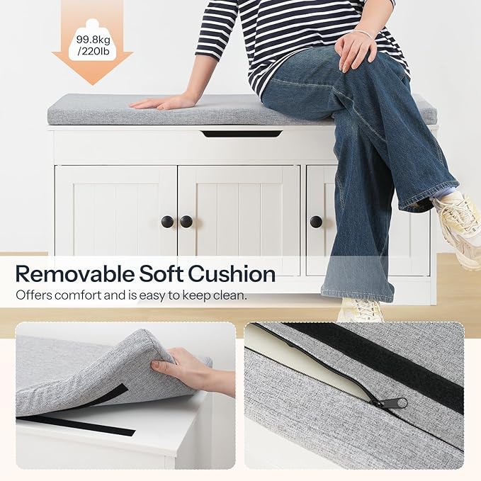 HOOBRO 39.4" Long Entryway Bench with Flip-Top Storage, 3 Tier Shoe Storage Bench with Thickened Padded Seat Cushion, Wooden Shoe Bench with 3 Barn Doors & Adjustable Shelf, White and Gray WG35HX01