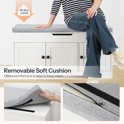 HOOBRO 39.4" Long Entryway Bench with Flip-Top Storage, 3 Tier Shoe Storage Bench with Thickened Padded Seat Cushion, Wooden Shoe Bench with 3 Barn Doors & Adjustable Shelf, White and Gray WG35HX01