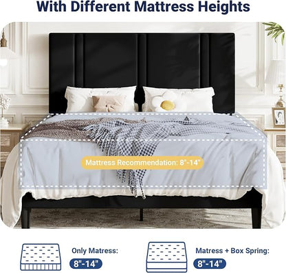 Allewie Queen Platform Bed Frame with Adjustable Headboard, Plush Velvet Upholstered, Vertical Channel Tufted, Sturdy Wooden Slats, No Box Spring Needed, Easy Assembly, Black
